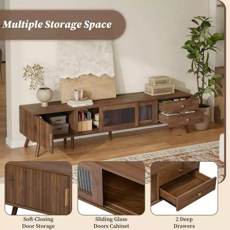 VIYET 77Modern Minimal TV Stand, Wood-Grain Glass-Door Media Console (for TVs up to 85), Solid Wood+MDF Storage Cabinet