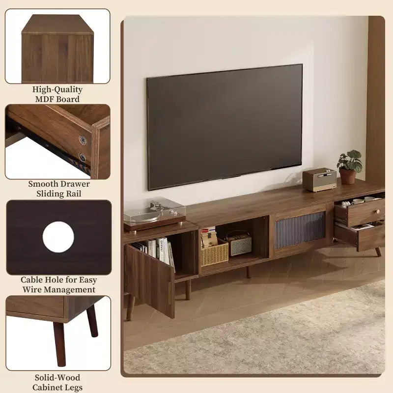 VIYET 77Modern Minimal TV Stand, Wood-Grain Glass-Door Media Console (for TVs up to 85), Solid Wood+MDF Storage Cabinet