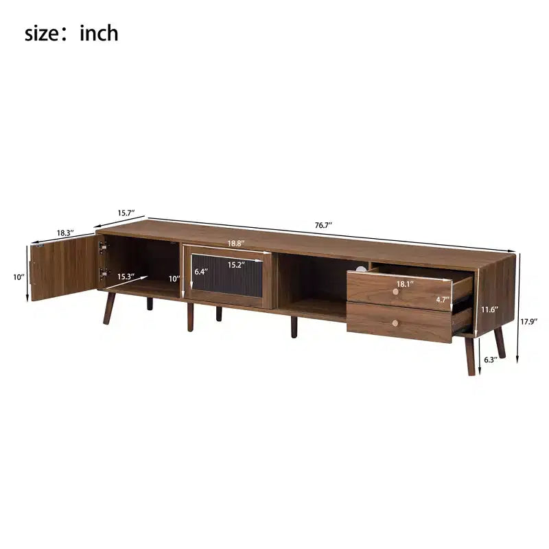 VIYET 77Modern Minimal TV Stand, Wood-Grain Glass-Door Media Console (for TVs up to 85), Solid Wood+MDF Storage Cabinet