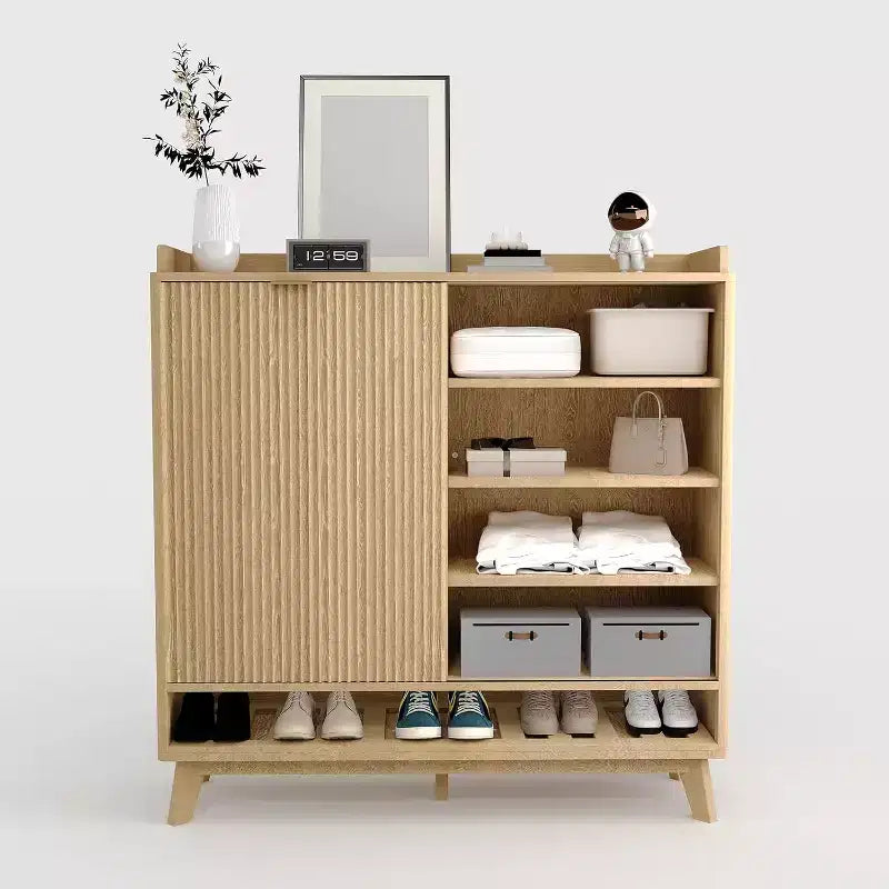 Narrow Fluted Shoe Cabinet Storage for Entryway, Wood Large Freestanding Shoe Organizer with Sliding Door, 2 Flip Drawers, Adjustable Shelves Rack