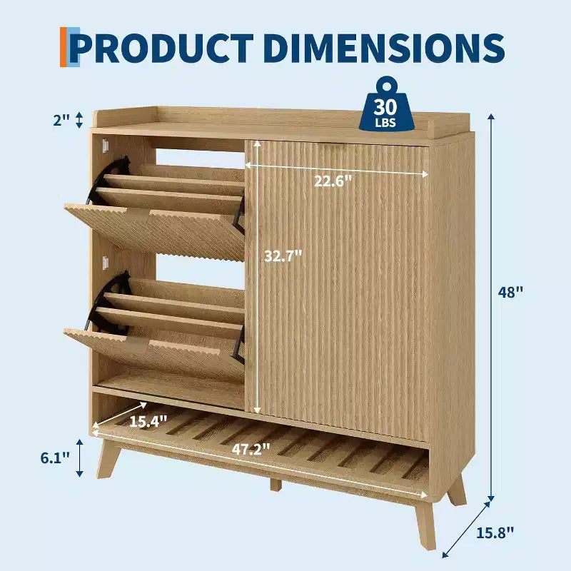 Narrow Fluted Shoe Cabinet Storage for Entryway, Wood Large Freestanding Shoe Organizer with Sliding Door, 2 Flip Drawers, Adjustable Shelves Rack