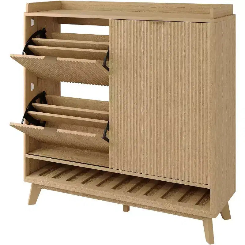 Narrow Fluted Shoe Cabinet Storage for Entryway, Wood Large Freestanding Shoe Organizer with Sliding Door, 2 Flip Drawers, Adjustable Shelves Rack