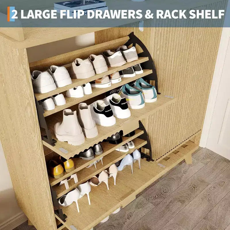 Narrow Fluted Shoe Cabinet Storage for Entryway, Wood Large Freestanding Shoe Organizer with Sliding Door, 2 Flip Drawers, Adjustable Shelves Rack
