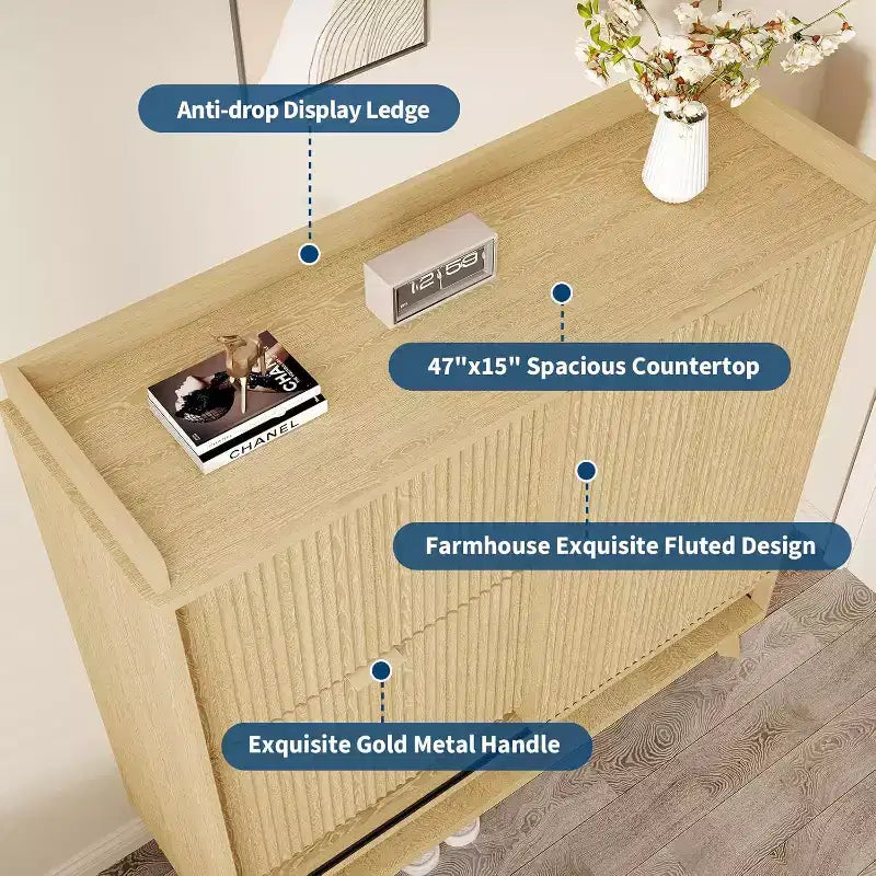 Narrow Fluted Shoe Cabinet Storage for Entryway, Wood Large Freestanding Shoe Organizer with Sliding Door, 2 Flip Drawers, Adjustable Shelves Rack