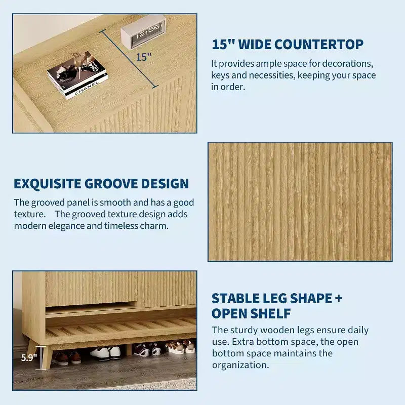 Narrow Fluted Shoe Cabinet Storage for Entryway, Wood Large Freestanding Shoe Organizer with Sliding Door, 2 Flip Drawers, Adjustable Shelves Rack