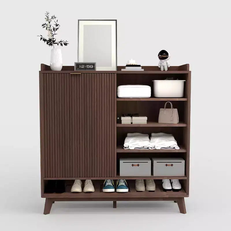 Narrow Fluted Shoe Cabinet Storage for Entryway, Wood Large Freestanding Shoe Organizer with Sliding Door, 2 Flip Drawers, Adjustable Shelves Rack