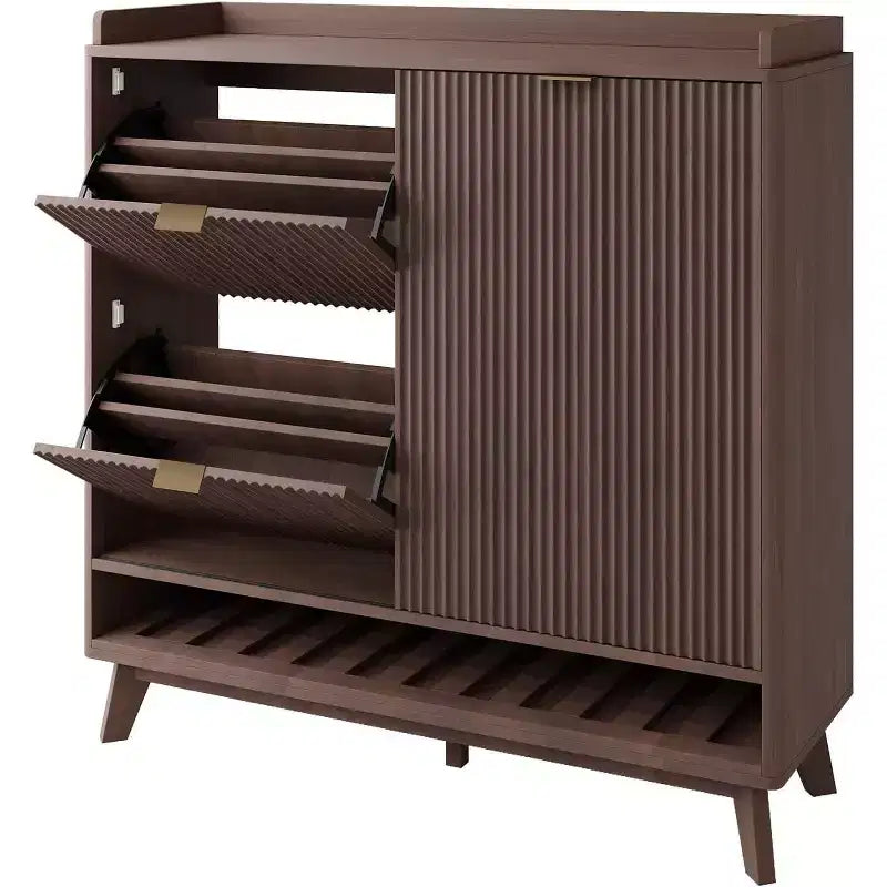 Narrow Fluted Shoe Cabinet Storage for Entryway, Wood Large Freestanding Shoe Organizer with Sliding Door, 2 Flip Drawers, Adjustable Shelves Rack
