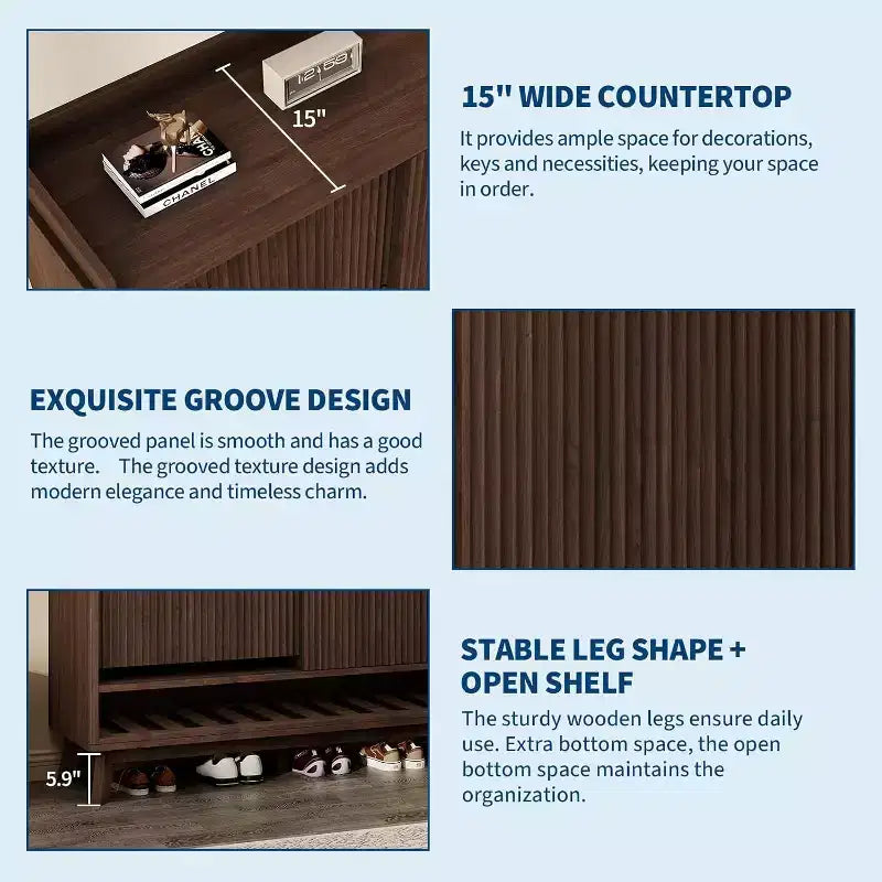 Narrow Fluted Shoe Cabinet Storage for Entryway, Wood Large Freestanding Shoe Organizer with Sliding Door, 2 Flip Drawers, Adjustable Shelves Rack