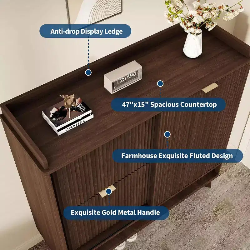 Narrow Fluted Shoe Cabinet Storage for Entryway, Wood Large Freestanding Shoe Organizer with Sliding Door, 2 Flip Drawers, Adjustable Shelves Rack