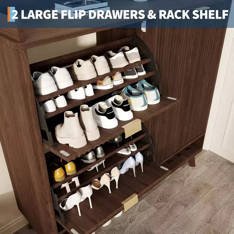 Narrow Fluted Shoe Cabinet Storage for Entryway, Wood Large Freestanding Shoe Organizer with Sliding Door, 2 Flip Drawers, Adjustable Shelves Rack