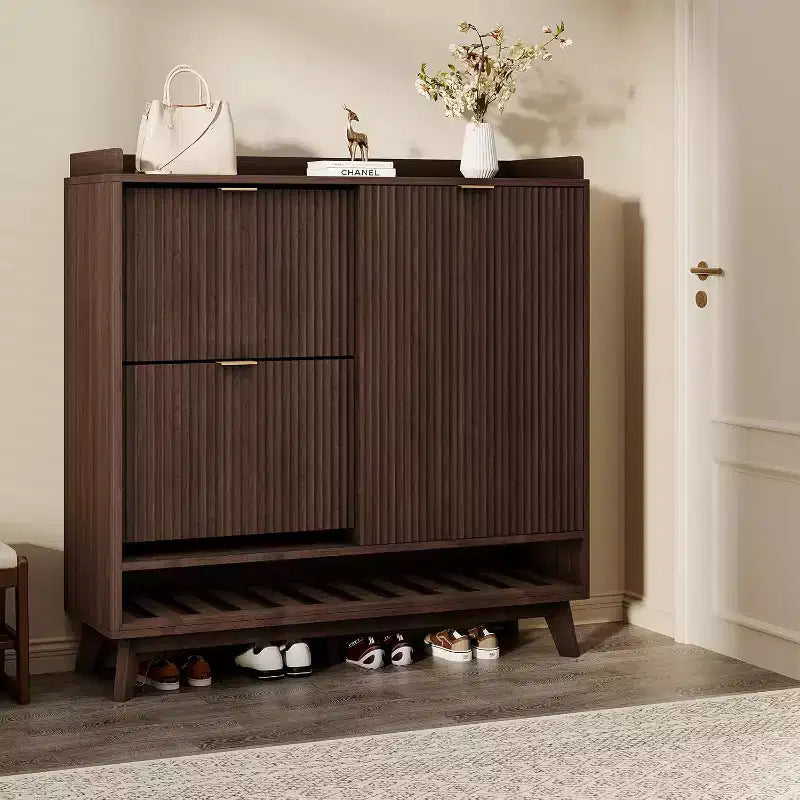 Narrow Fluted Shoe Cabinet Storage for Entryway, Wood Large Freestanding Shoe Organizer with Sliding Door, 2 Flip Drawers, Adjustable Shelves Rack