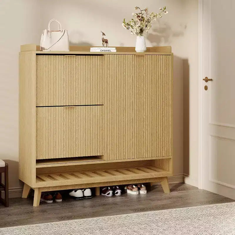 Narrow Fluted Shoe Cabinet Storage for Entryway, Wood Large Freestanding Shoe Organizer with Sliding Door, 2 Flip Drawers, Adjustable Shelves Rack