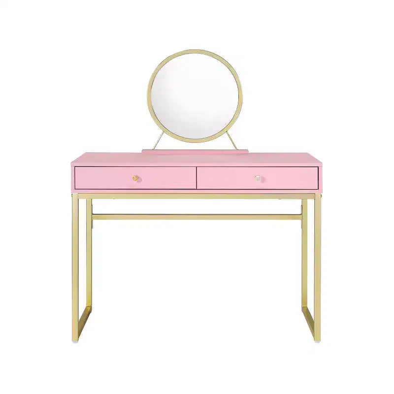 Okak Modern Girls Vanity with Gold Finish Legs, Vanity Desk with Jewelry Tray and 2 Drawers, Compact Vanity with Mirror for Home, Gold+Pink