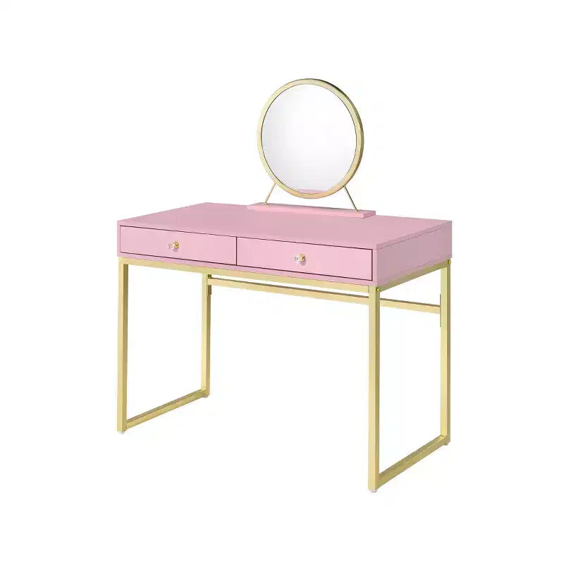 Okak Modern Girls Vanity with Gold Finish Legs, Vanity Desk with Jewelry Tray and 2 Drawers, Compact Vanity with Mirror for Home, Gold+Pink