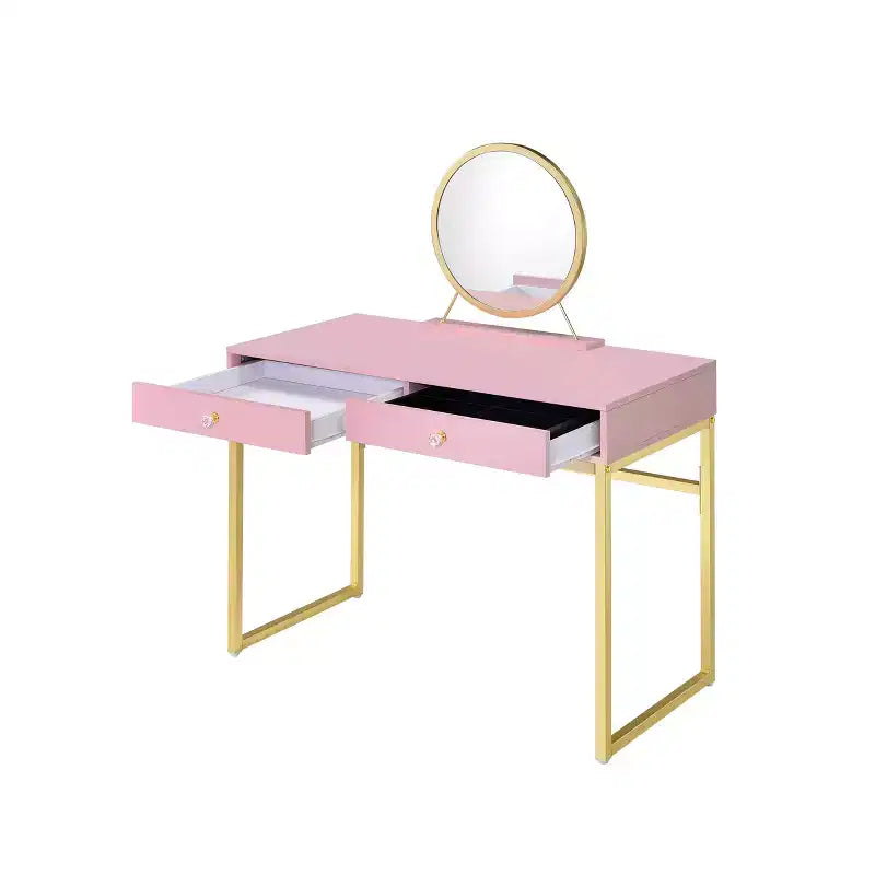 Okak Modern Girls Vanity with Gold Finish Legs, Vanity Desk with Jewelry Tray and 2 Drawers, Compact Vanity with Mirror for Home, Gold+Pink