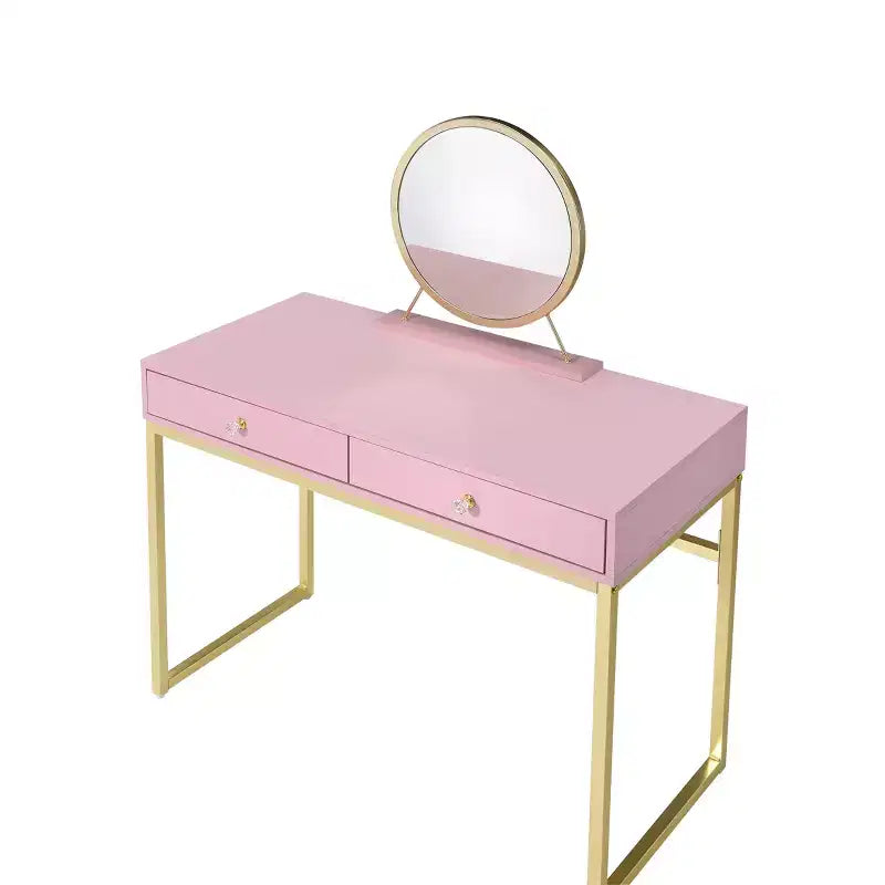 Okak Modern Girls Vanity with Gold Finish Legs, Vanity Desk with Jewelry Tray and 2 Drawers, Compact Vanity with Mirror for Home, Gold+Pink