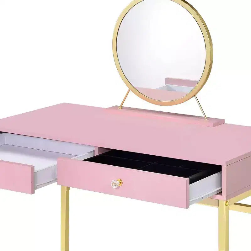 Okak Modern Girls Vanity with Gold Finish Legs, Vanity Desk with Jewelry Tray and 2 Drawers, Compact Vanity with Mirror for Home, Gold+Pink