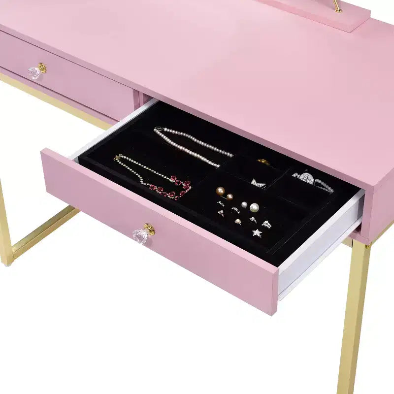 Okak Modern Girls Vanity with Gold Finish Legs, Vanity Desk with Jewelry Tray and 2 Drawers, Compact Vanity with Mirror for Home, Gold+Pink