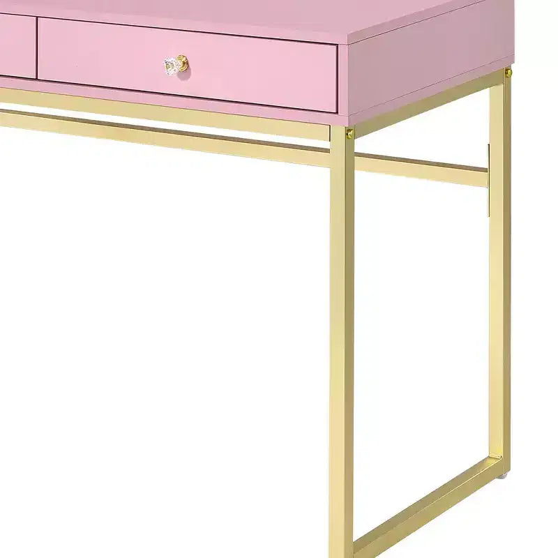 Okak Modern Girls Vanity with Gold Finish Legs, Vanity Desk with Jewelry Tray and 2 Drawers, Compact Vanity with Mirror for Home, Gold+Pink
