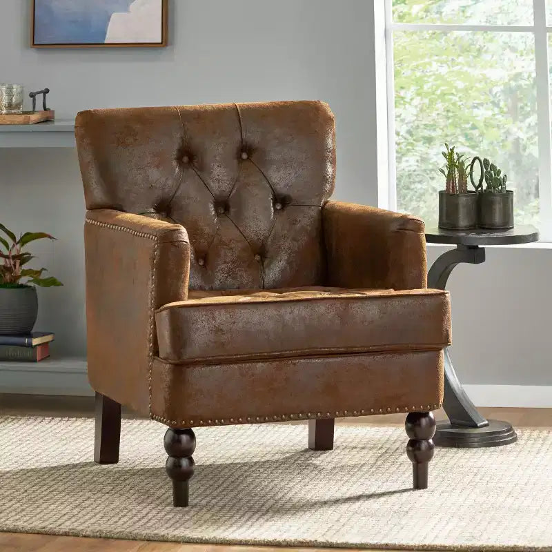 TUYOHW Mid-Century Modern Accent Chair with Nailhead & Button Tufted Upholstered Comfy Chair with Wood Legs Armchair for Living Room, Bedroom