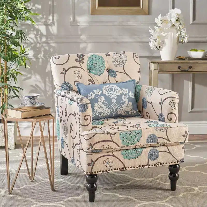 TUYOHW Mid-Century Modern Accent Chair with Nailhead & Button Tufted Upholstered Comfy Chair with Wood Legs Armchair for Living Room, Bedroom