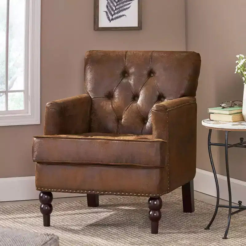 TUYOHW Mid-Century Modern Accent Chair with Nailhead & Button Tufted Upholstered Comfy Chair with Wood Legs Armchair for Living Room, Bedroom