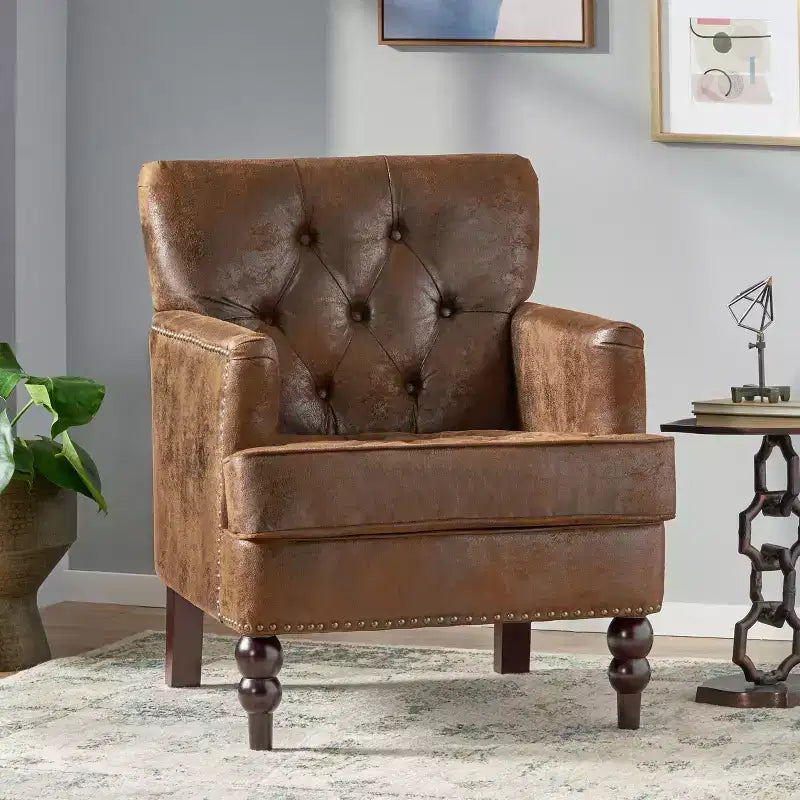 TUYOHW Mid-Century Modern Accent Chair with Nailhead & Button Tufted Upholstered Comfy Chair with Wood Legs Armchair for Living Room, Bedroom