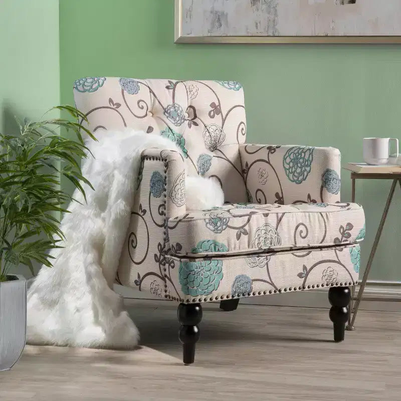 TUYOHW Mid-Century Modern Accent Chair with Nailhead & Button Tufted Upholstered Comfy Chair with Wood Legs Armchair for Living Room, Bedroom