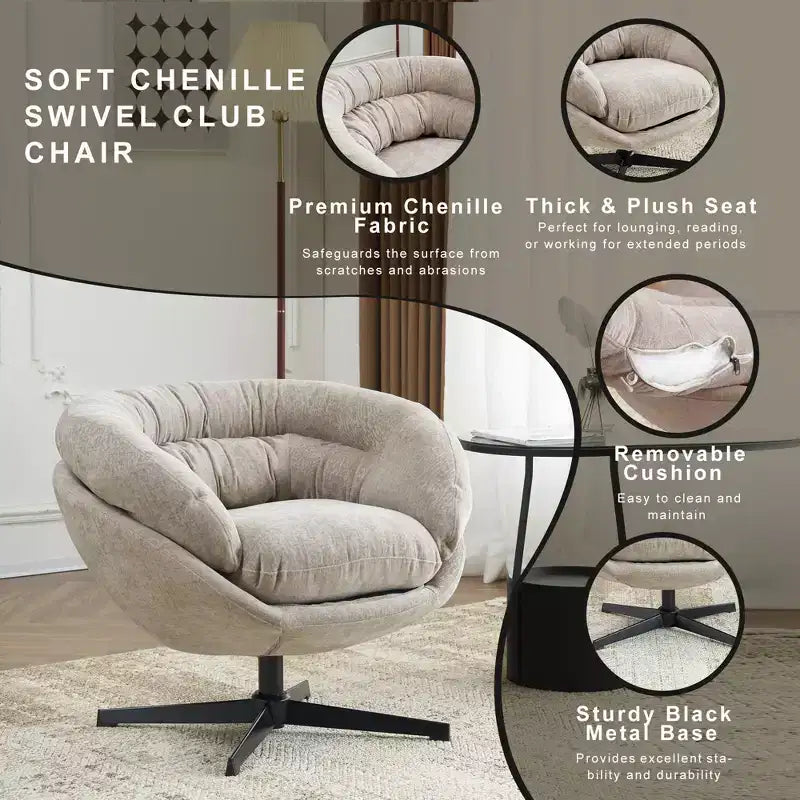 TUYOHW Swivel Accent Chair with Removable Chenille Upholstered Reading Chair with Black Metal Base Cozy Accent Chairs for Living Room, Bedroom