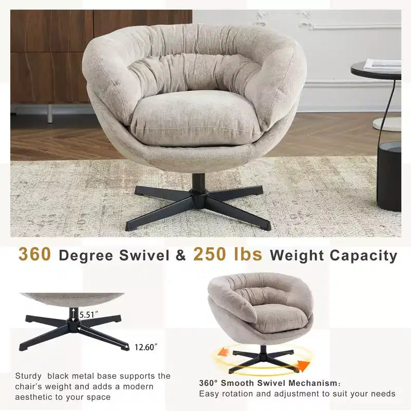 TUYOHW Swivel Accent Chair with Removable Chenille Upholstered Reading Chair with Black Metal Base Cozy Accent Chairs for Living Room, Bedroom