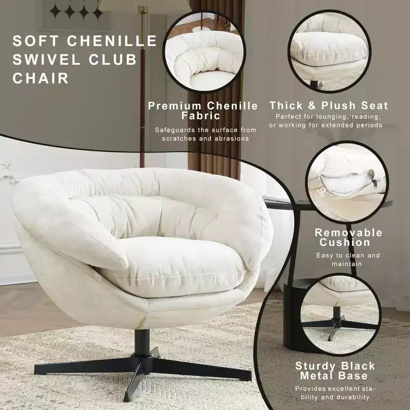TUYOHW Swivel Accent Chair with Removable Chenille Upholstered Reading Chair with Black Metal Base Cozy Accent Chairs for Living Room, Bedroom