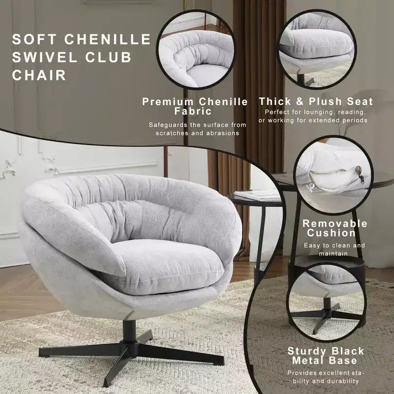 TUYOHW Swivel Accent Chair with Removable Chenille Upholstered Reading Chair with Black Metal Base Cozy Accent Chairs for Living Room, Bedroom