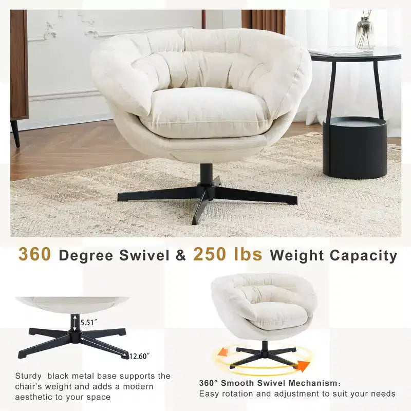 TUYOHW Swivel Accent Chair with Removable Chenille Upholstered Reading Chair with Black Metal Base Cozy Accent Chairs for Living Room, Bedroom
