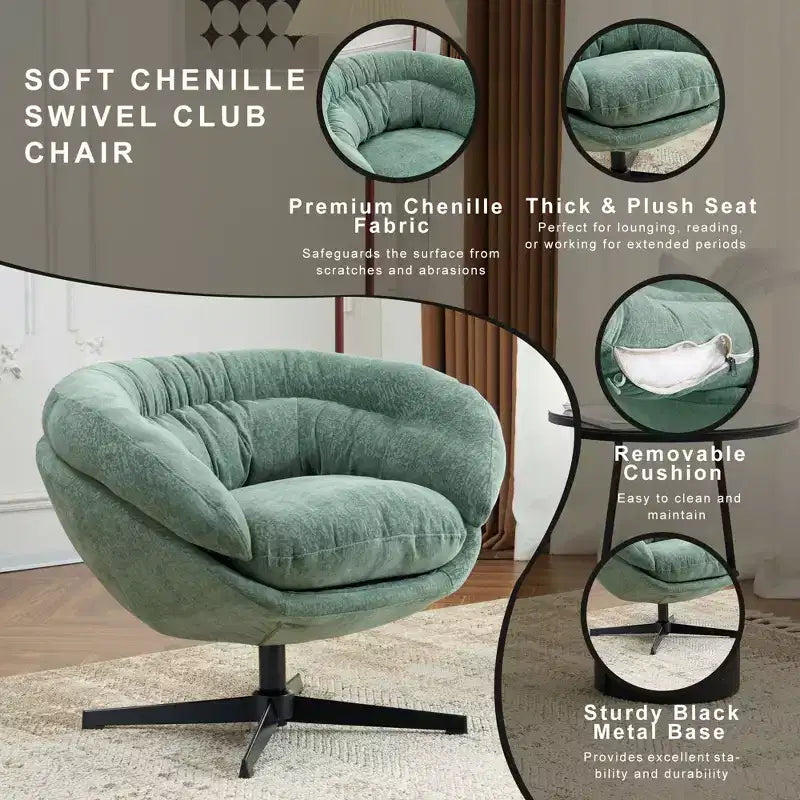 TUYOHW Swivel Accent Chair with Removable Chenille Upholstered Reading Chair with Black Metal Base Cozy Accent Chairs for Living Room, Bedroom