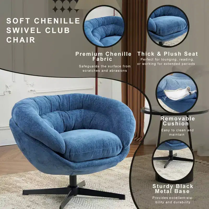 TUYOHW Swivel Accent Chair with Removable Chenille Upholstered Reading Chair with Black Metal Base Cozy Accent Chairs for Living Room, Bedroom
