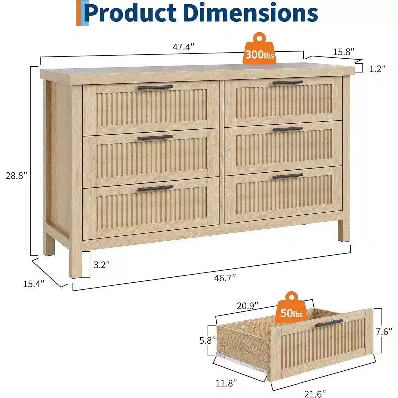 Fluted 6 Drawers Dresser for Bedroom,47.4 Inch Wide Large Wood Chest of Drawers,Modern TV Stand & Clothes Storage Cabinet for Nursery,Living Room,Oak
