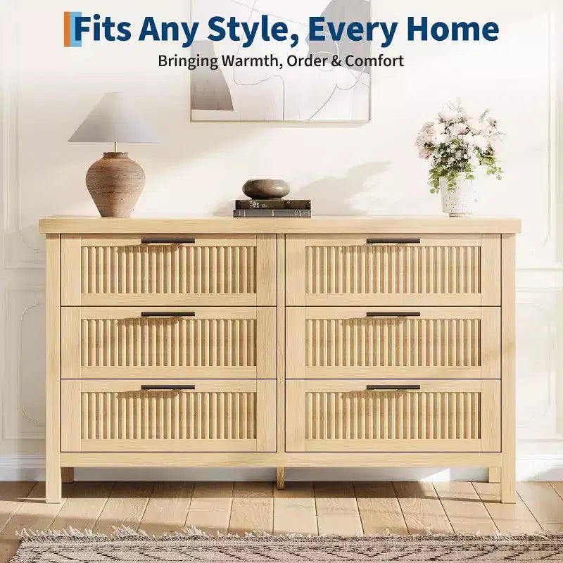 Fluted 6 Drawers Dresser for Bedroom,47.4 Inch Wide Large Wood Chest of Drawers,Modern TV Stand & Clothes Storage Cabinet for Nursery,Living Room,Oak