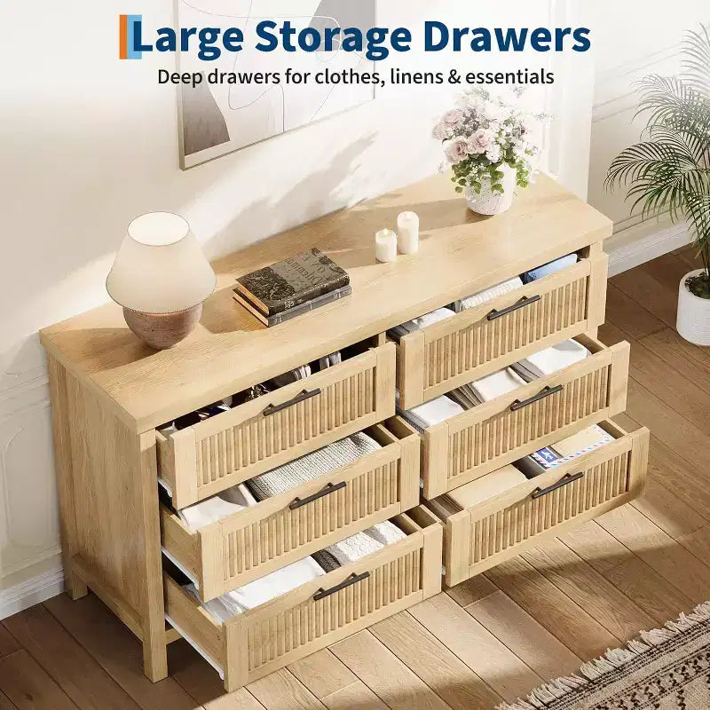 Fluted 6 Drawers Dresser for Bedroom,47.4 Inch Wide Large Wood Chest of Drawers,Modern TV Stand & Clothes Storage Cabinet for Nursery,Living Room,Oak