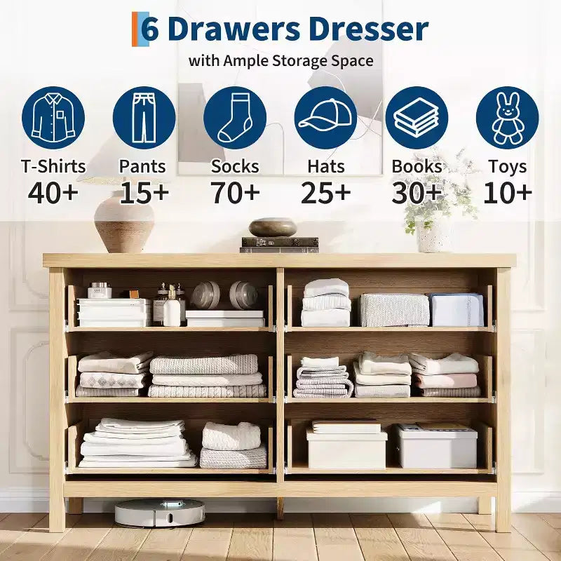 Fluted 6 Drawers Dresser for Bedroom,47.4 Inch Wide Large Wood Chest of Drawers,Modern TV Stand & Clothes Storage Cabinet for Nursery,Living Room,Oak