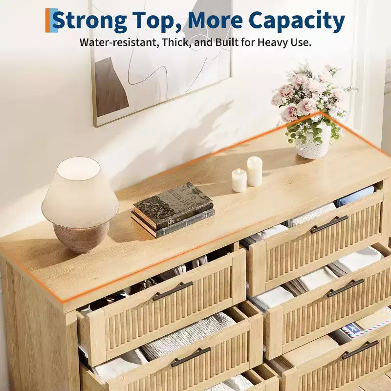Fluted 6 Drawers Dresser for Bedroom,47.4 Inch Wide Large Wood Chest of Drawers,Modern TV Stand & Clothes Storage Cabinet for Nursery,Living Room,Oak