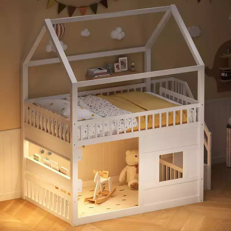 Full Size Loft Bed Wooden House Bed Frame, Built-in Shelf with LED Light & Safety Guardrails - ModernLuxe
