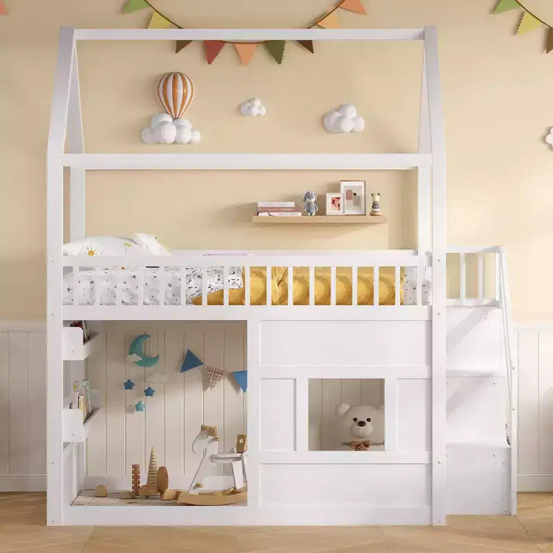 Full Size Loft Bed Wooden House Bed Frame, Built-in Shelf with LED Light & Safety Guardrails - ModernLuxe