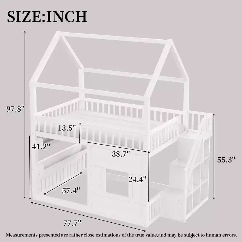 Full Size Loft Bed Wooden House Bed Frame, Built-in Shelf with LED Light & Safety Guardrails - ModernLuxe