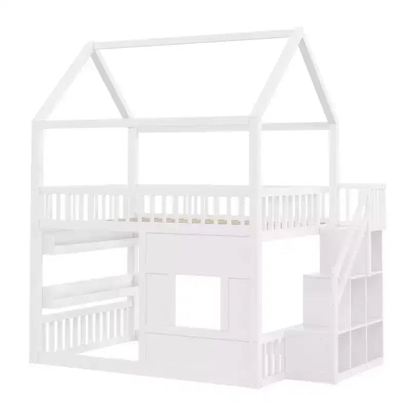 Full Size Loft Bed Wooden House Bed Frame, Built-in Shelf with LED Light & Safety Guardrails - ModernLuxe