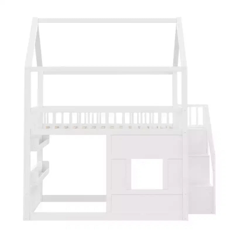 Full Size Loft Bed Wooden House Bed Frame, Built-in Shelf with LED Light & Safety Guardrails - ModernLuxe