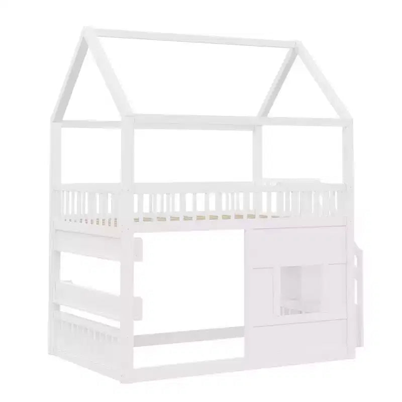 Full Size Loft Bed Wooden House Bed Frame, Built-in Shelf with LED Light & Safety Guardrails - ModernLuxe