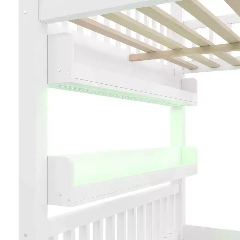 Full Size Loft Bed Wooden House Bed Frame, Built-in Shelf with LED Light & Safety Guardrails - ModernLuxe