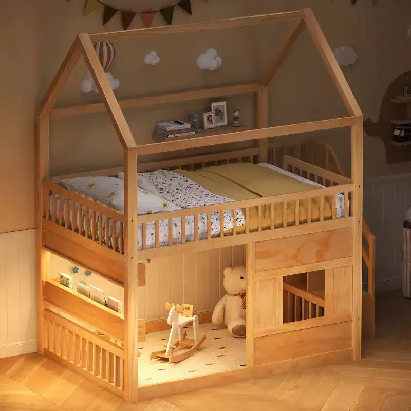 Full Size Loft Bed Wooden House Bed Frame, Built-in Shelf with LED Light & Safety Guardrails - ModernLuxe