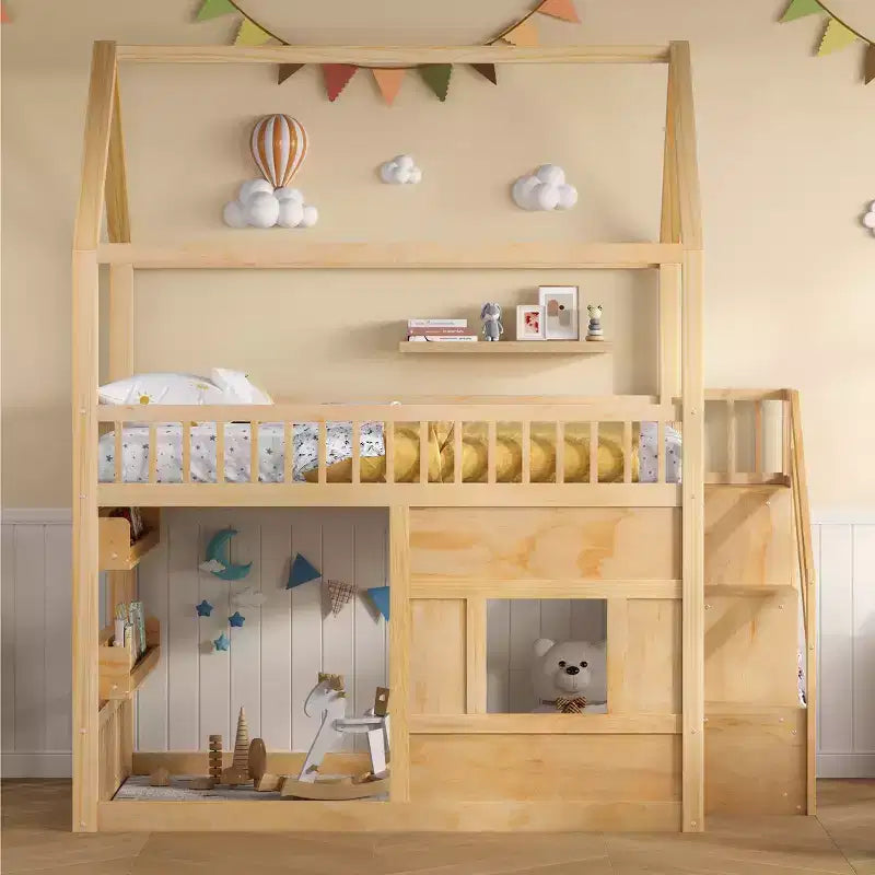Full Size Loft Bed Wooden House Bed Frame, Built-in Shelf with LED Light & Safety Guardrails - ModernLuxe