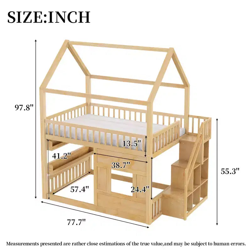 Full Size Loft Bed Wooden House Bed Frame, Built-in Shelf with LED Light & Safety Guardrails - ModernLuxe